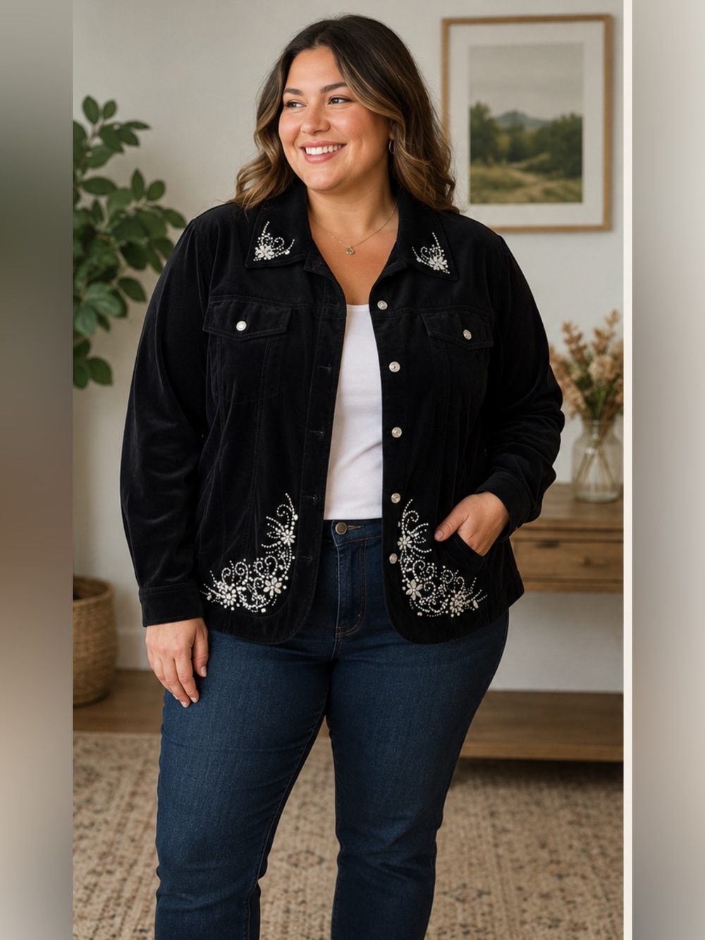 Quacker Factory Black Velvet Jean Jacket Rhinestone Embellishments